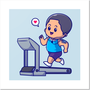 Cute Boy Running On Treadmill Cartoon Posters and Art